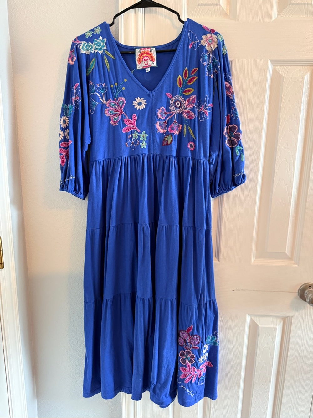 Johnny Was Royal Blue Embroidered V-Neck Tiered Midi Dress